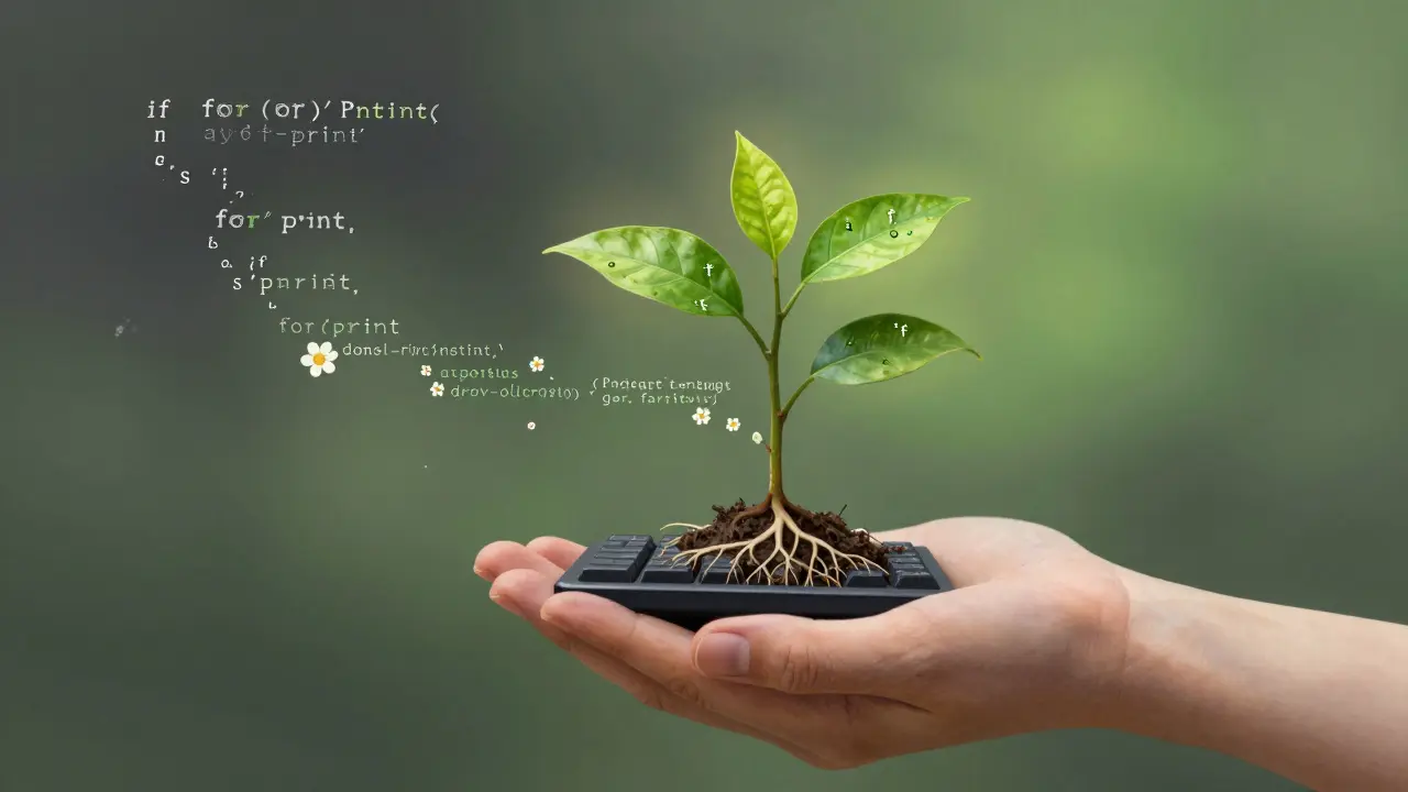 Pflanze wächst aus einer Tastatur mit Python-Code als Blättern und Fehlern als Blumen.