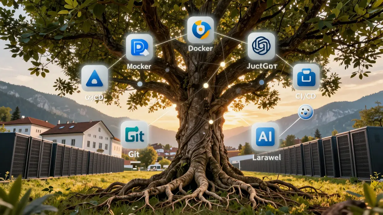 PHP als Baum mit modernen Technologien als Äste, unterstützt von KI-Symbolen, vor österreichischem Hintergrund.