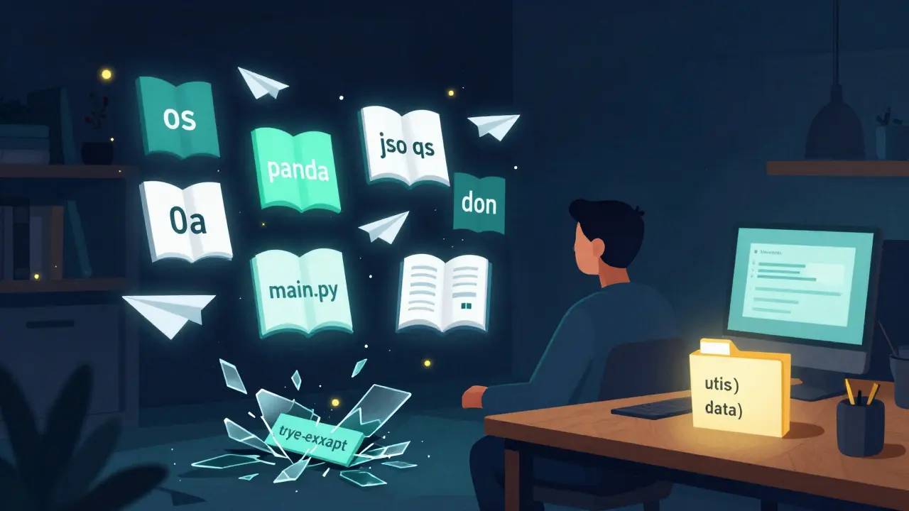 Programmierer umgeben von schwebenden Python-Bibliotheken, strukturierte Ordner auf einem Schreibtisch.