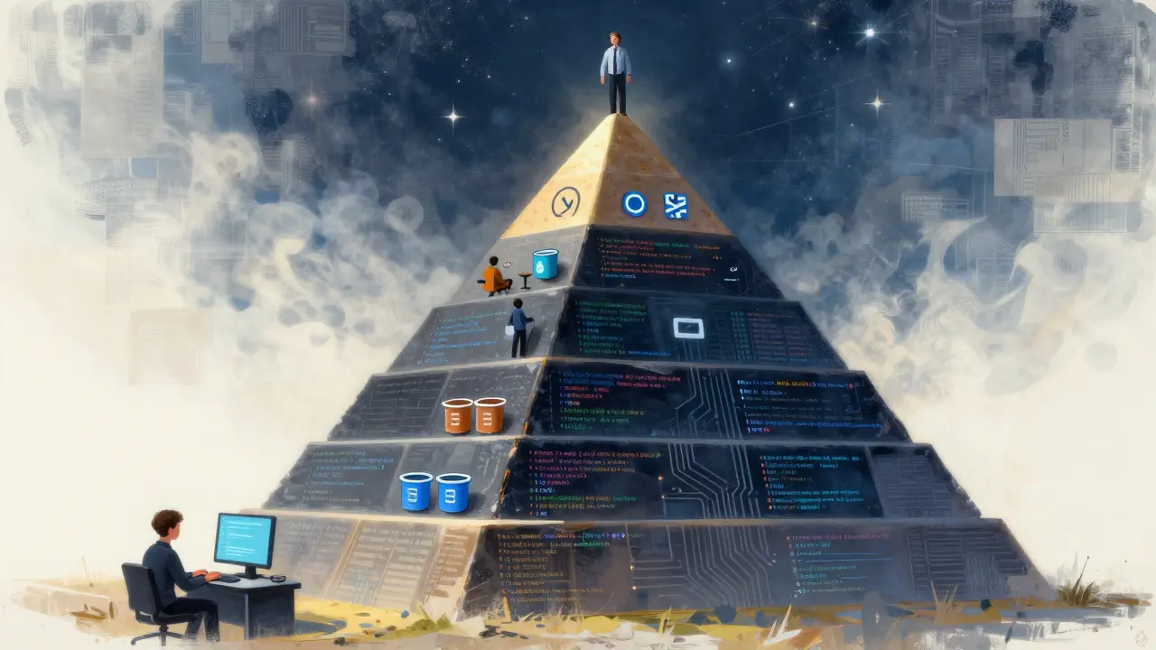 Pyramide mit sechs Ebenen, die die Meisterschaft in Python von Anfänger bis Experte darstellt.