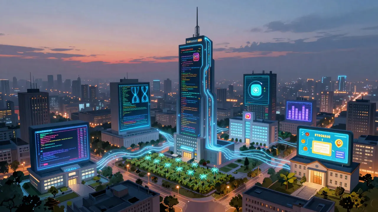 Stadtlandschaft aus fließendem Python-Code, die verschiedene Anwendungen wie KI, IoT und Web darstellt.