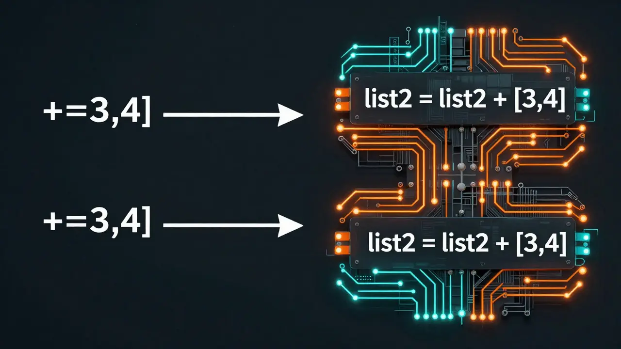 Two list references showing in-place modification versus new object creation.