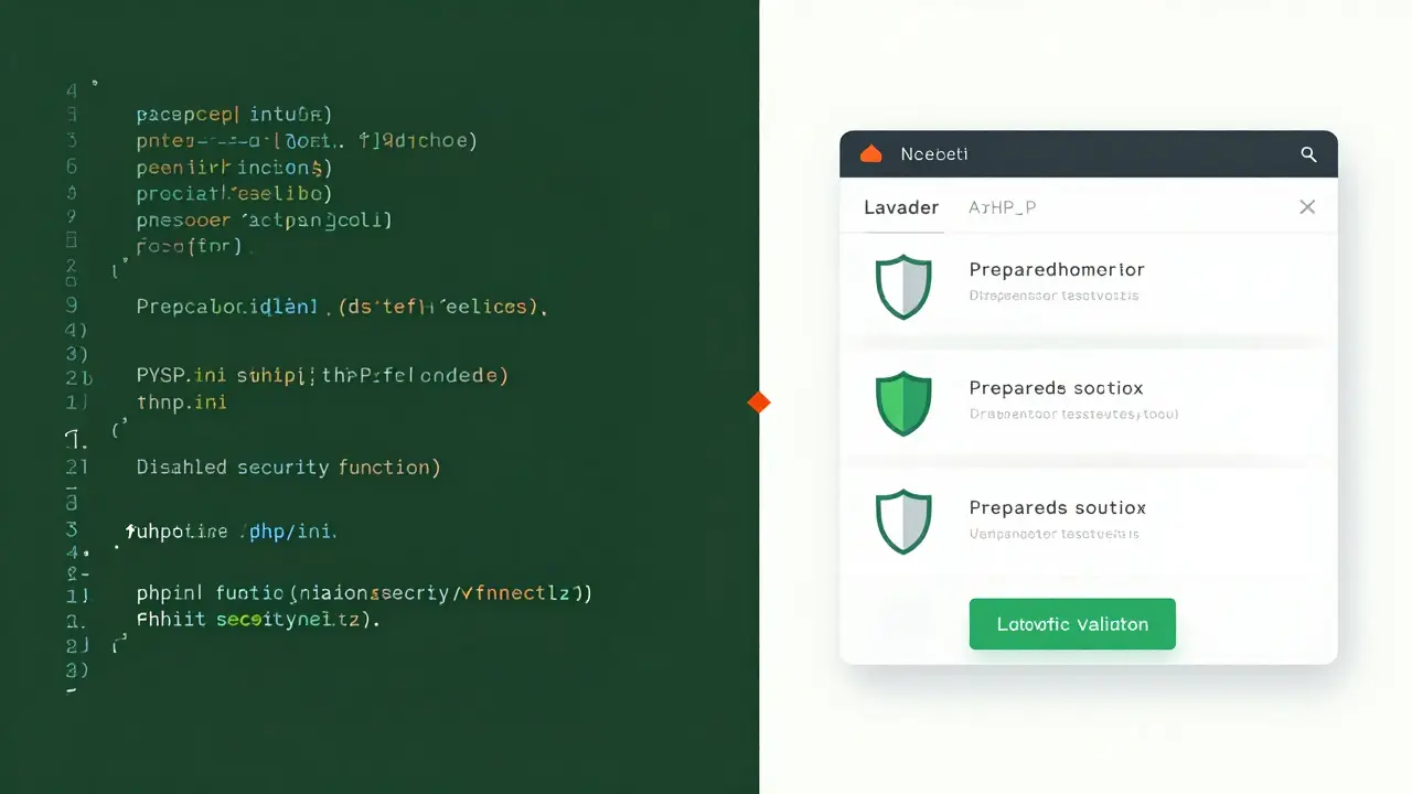 Vergleich: chaotischer PHP-Code links vs. sicherer Laravel-Code rechts mit Sicherheitssymbolen.