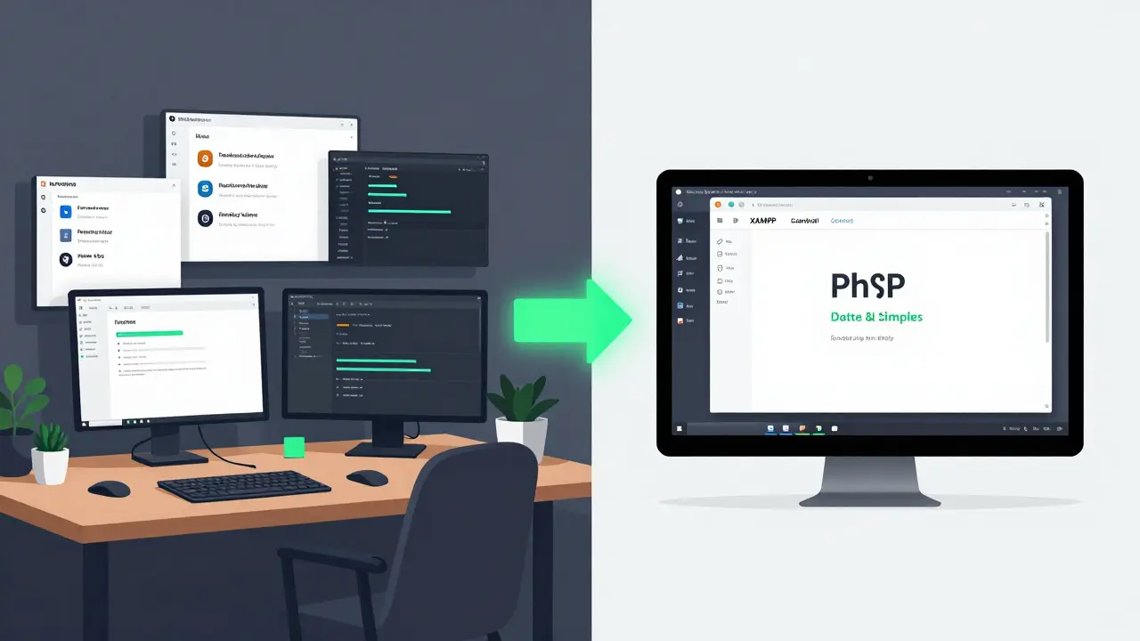 Vergleich: komplexer Entwicklungssetup links versus einfacher PHP-Workflow rechts mit klarem Erfolg.