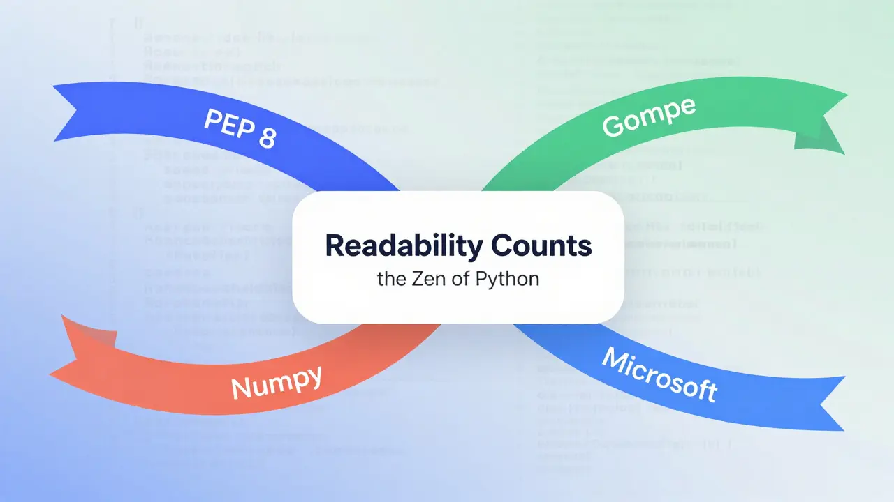 Vier farbige Bänder, die die Haupt-Python-Coding-Stile symbolisieren, umgeben von Zitaten aus dem Zen von Python.