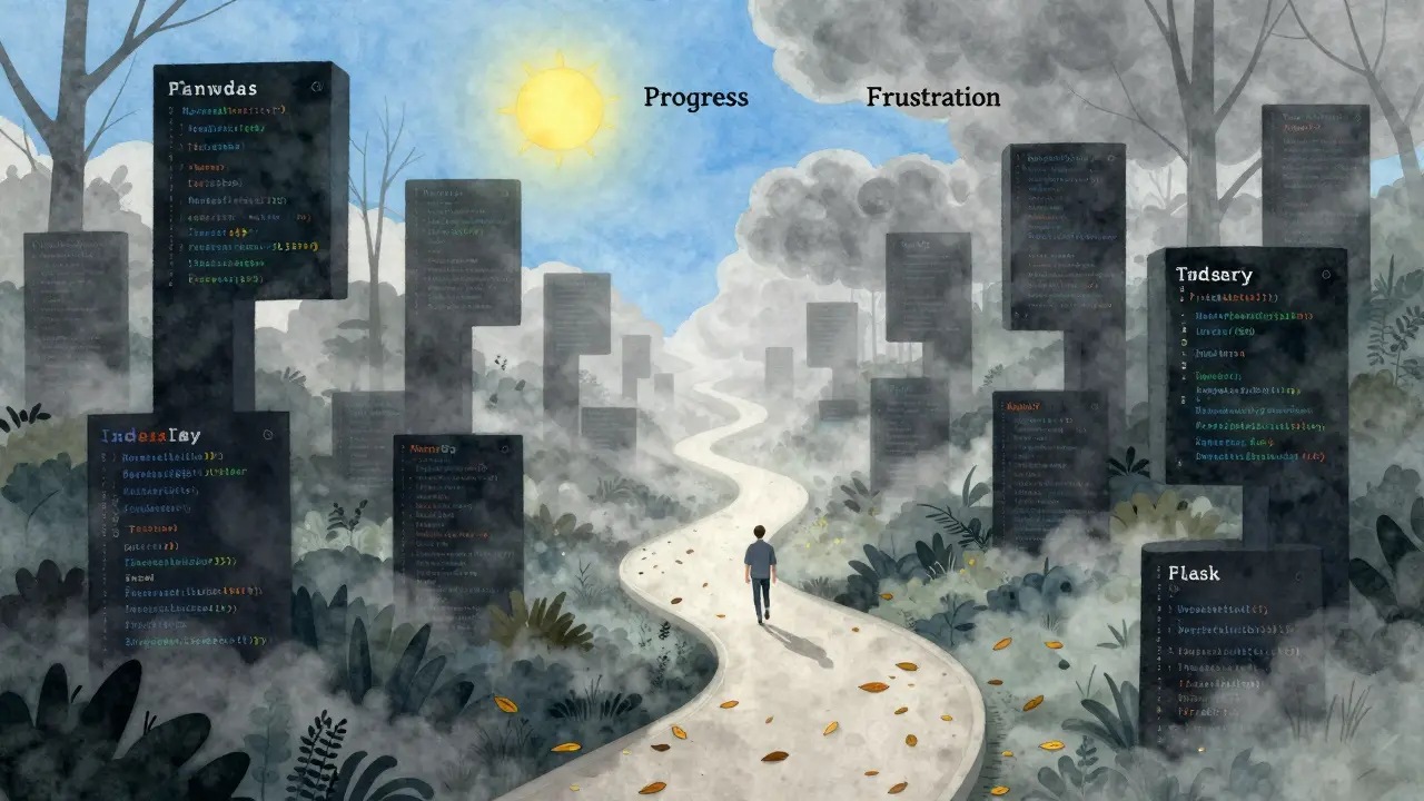 Wanderweg aus Code-Blöcken durch einen Wald aus Python-Bibliotheks-Namen, mit Fehlermeldungen als Blätter.