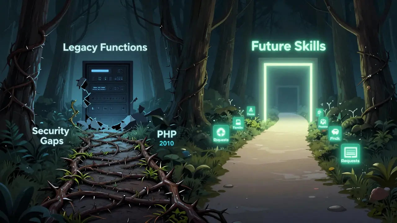 Zwei digitale Pfade: einer überwuchert mit alten PHP-Funktionen, der andere klar mit Python-Bibliotheken.