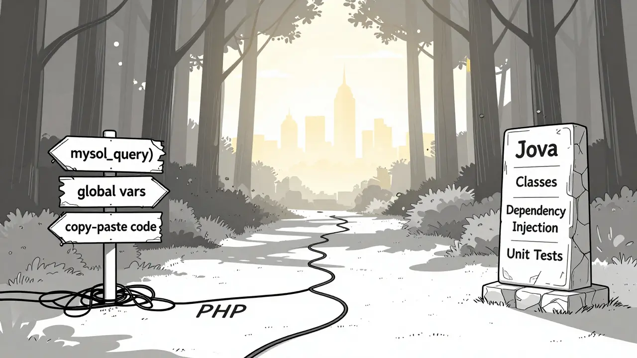 Zwei Wege in einem Wald: Einer mit chaotischen Kabeln (PHP), der andere mit stabilen Säulen (Java).